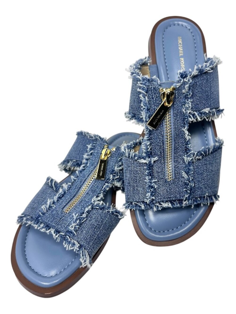 Michael Kors Berkley Denim Sandals Women 7M Blue Frayed Zip Slide Flat Shoes